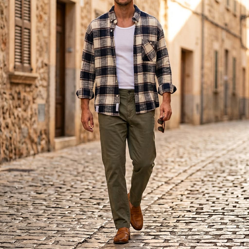 Roman Plaid Shirt in White — men's premium cotton plaid long-sleeve button-up