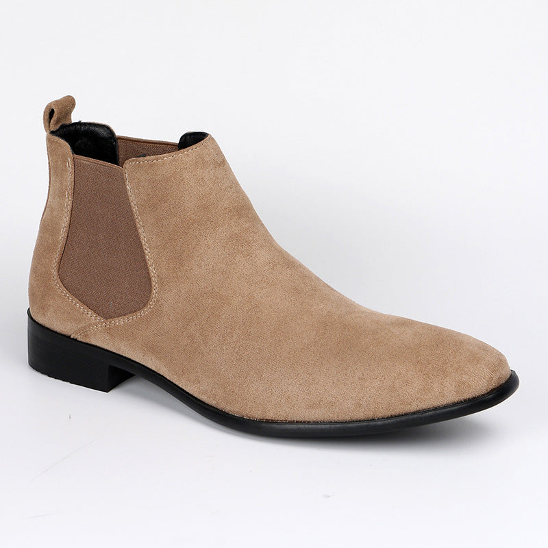 Wade Chelsea Boots in Beige — three-quarter view showing the chisel toe and low stacked heel
