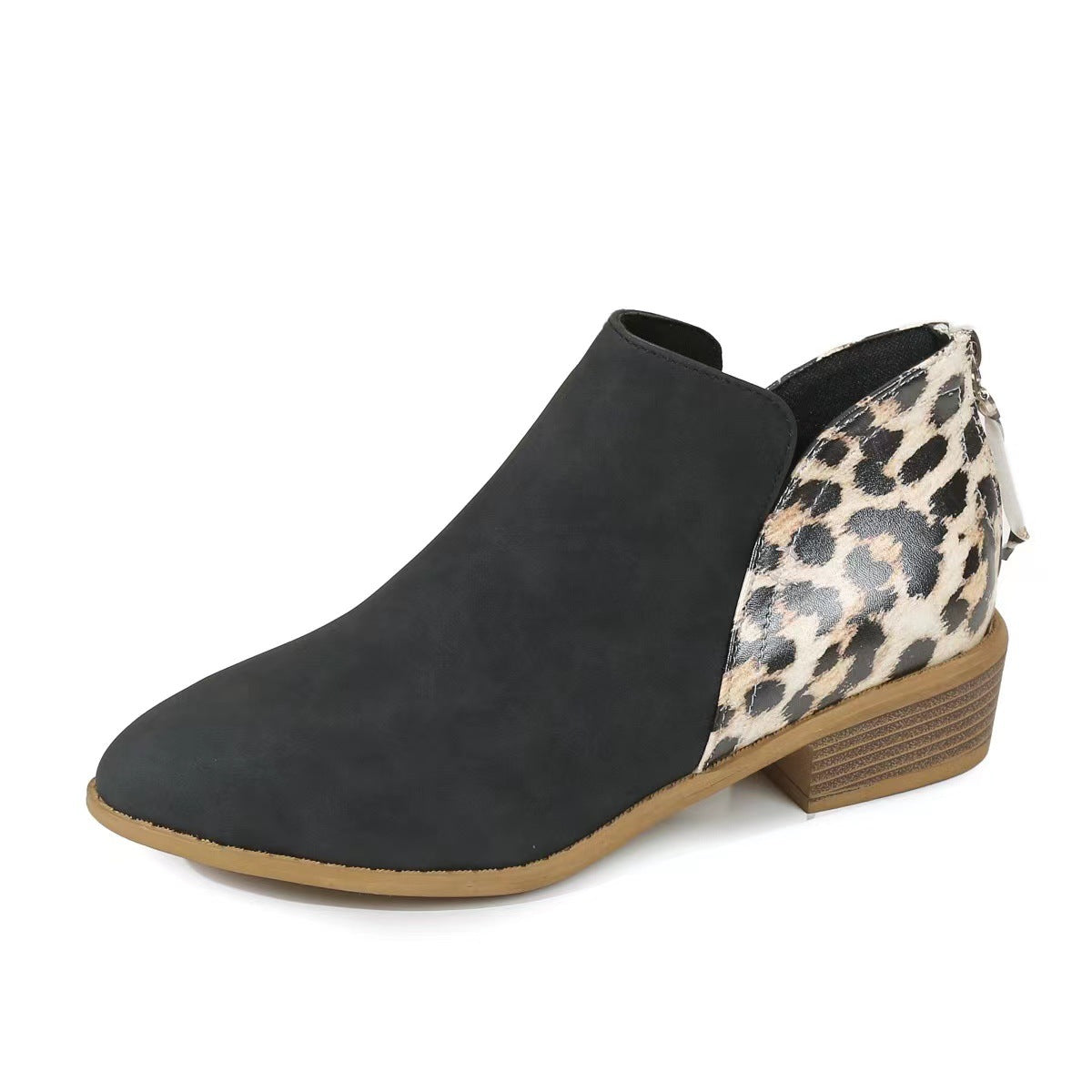 Esme Leopard Boots in Black — side profile with the notched V-cut ankle