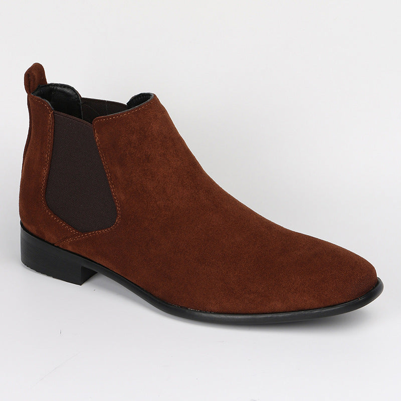 Wade Chelsea Boots in Brown — three-quarter view showing the chisel toe and low stacked heel