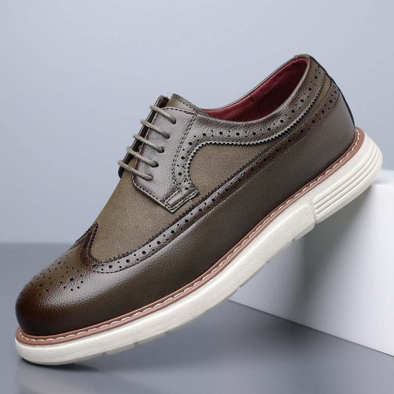 Cassian Brogue Sneakers in Olive Green — leather wingtip brogue upper on a white sneaker sole