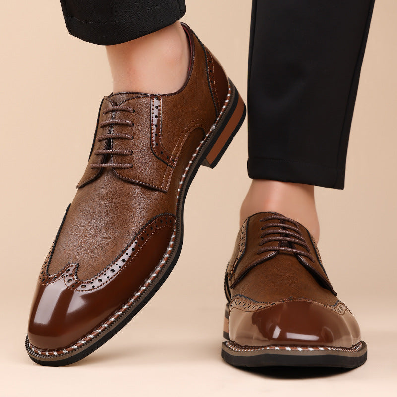 Spencer Brogue Sneakers in Brown — on-foot view of the polished wingtip toe