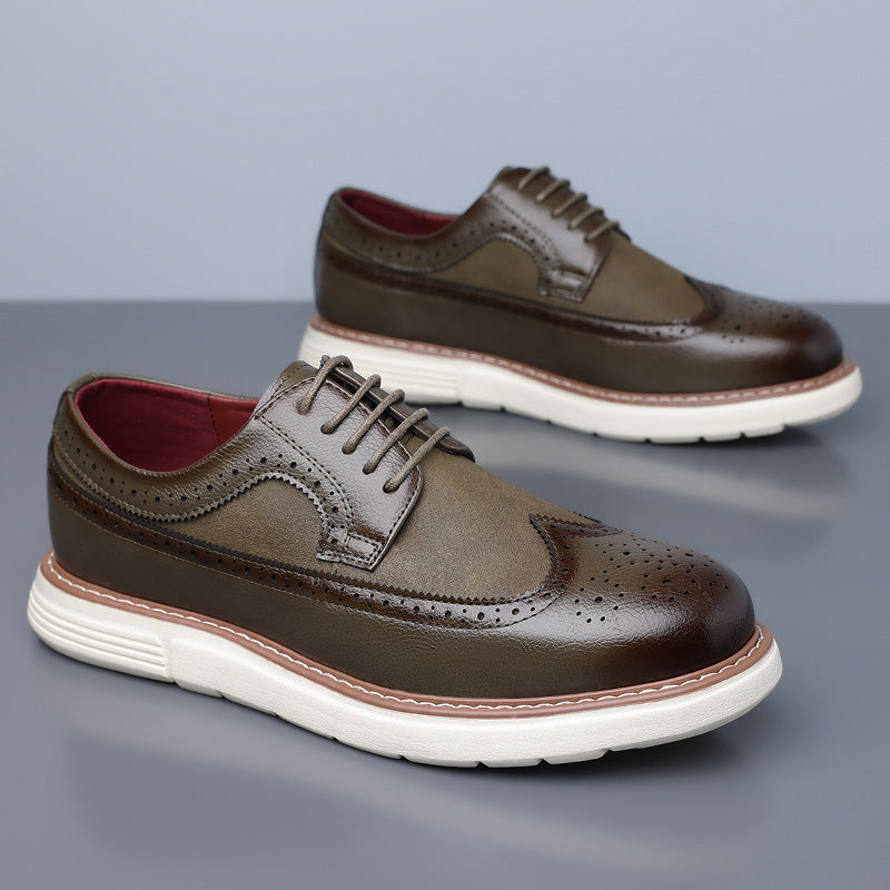 Cassian Brogue Sneakers in Olive Green — leather wingtip brogue upper on a white sneaker sole