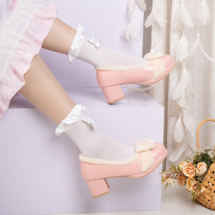 Camille Plush Pumps in Pink — worn with lace socks on a block heel