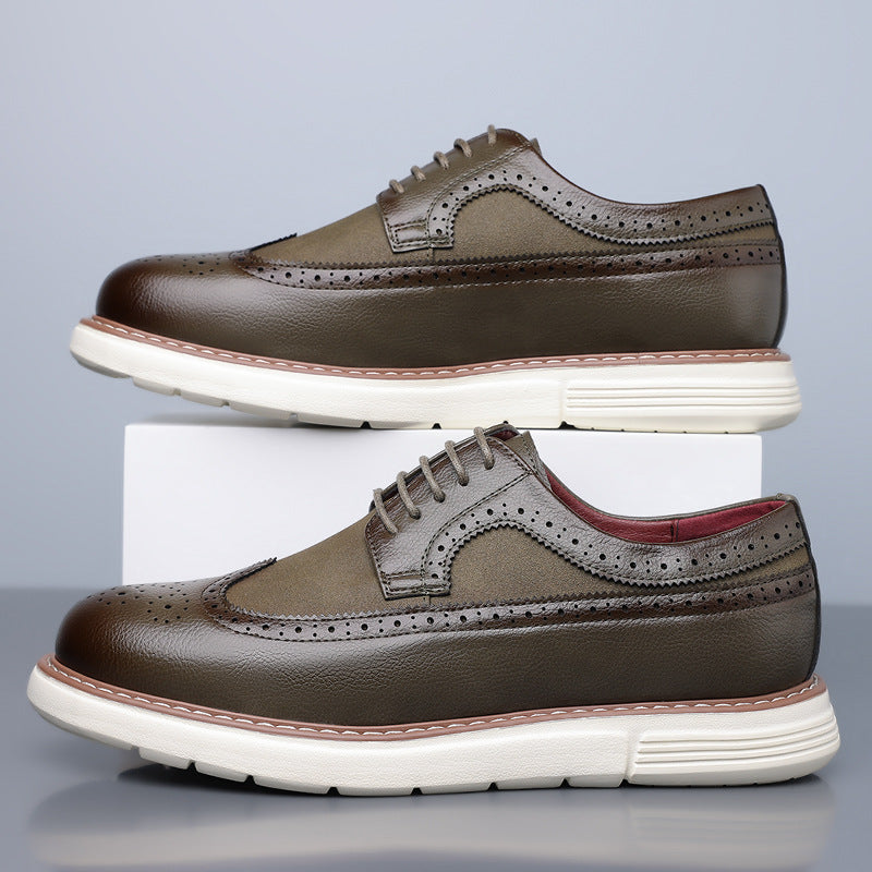 Cassian Brogue Sneakers in Olive Green — leather wingtip brogue upper on a white sneaker sole