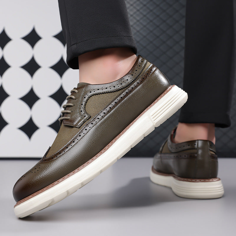 Cassian Brogue Sneakers in Olive Green — leather wingtip brogue upper on a white sneaker sole