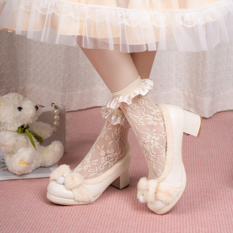 Camille Plush Pumps in Cream — side profile worn on foot