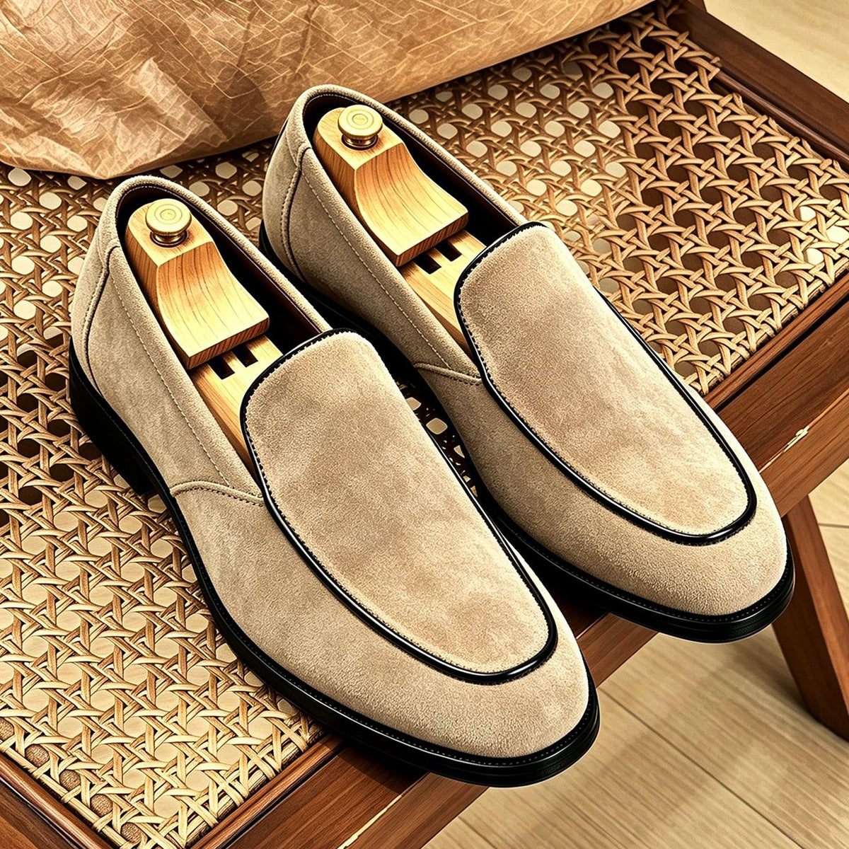 Rafael Venetian Loafers in Khaki — suede slip-on loafers shown as a pair