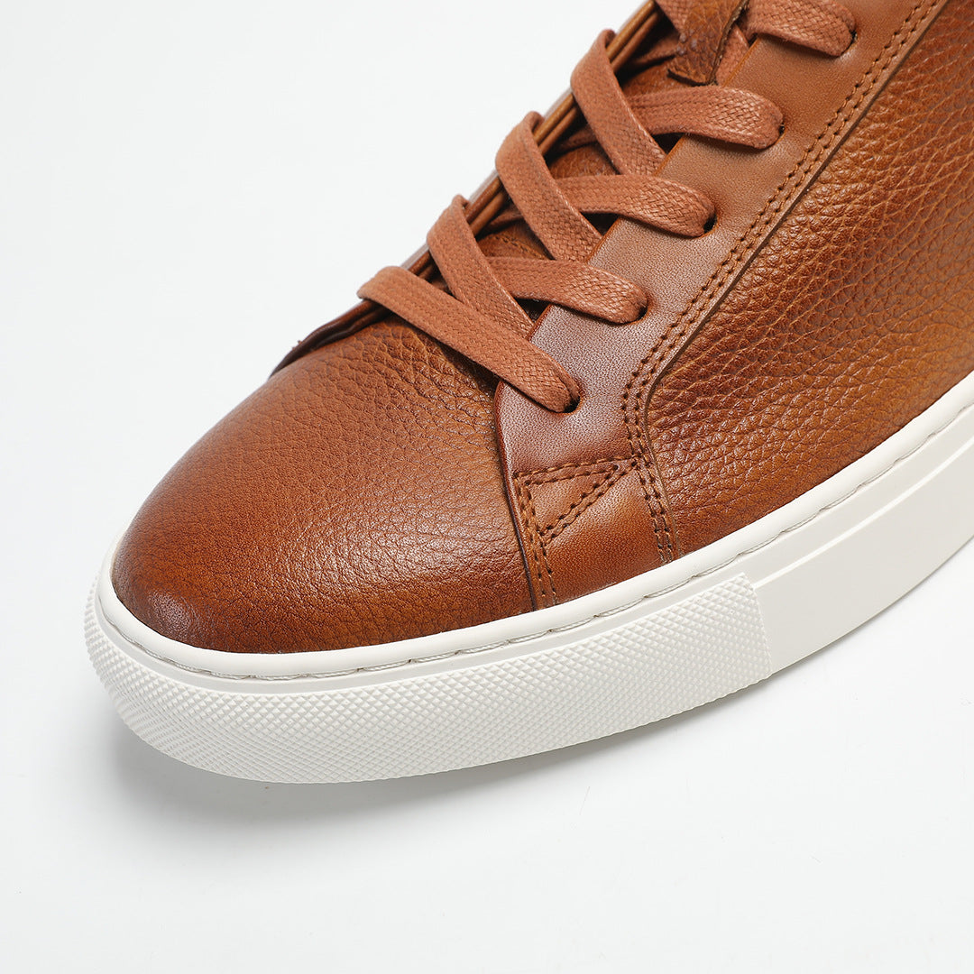 Carter Court Sneakers in Light Brown — close-up of the pebbled leather toe