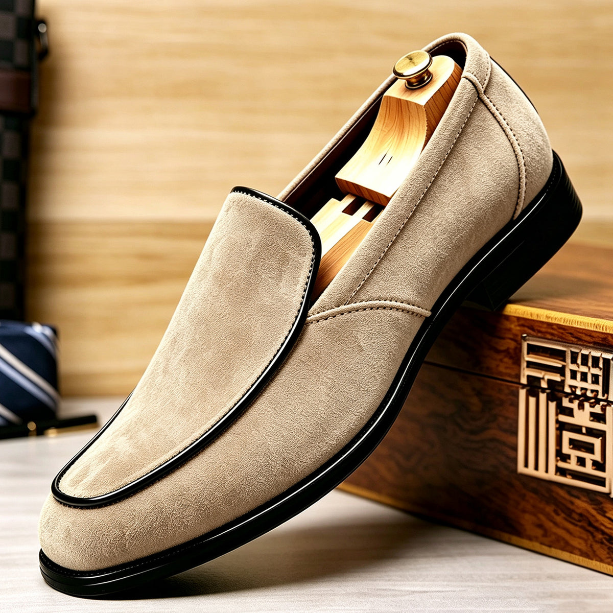 Rafael Venetian Loafers in Khaki — side profile showing the low stacked heel and rubber sole