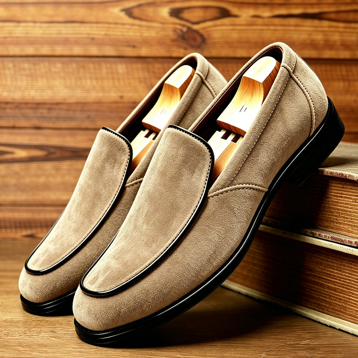 Rafael Venetian Loafers in Khaki — soft suede venetian slip-on loafer with piped trim