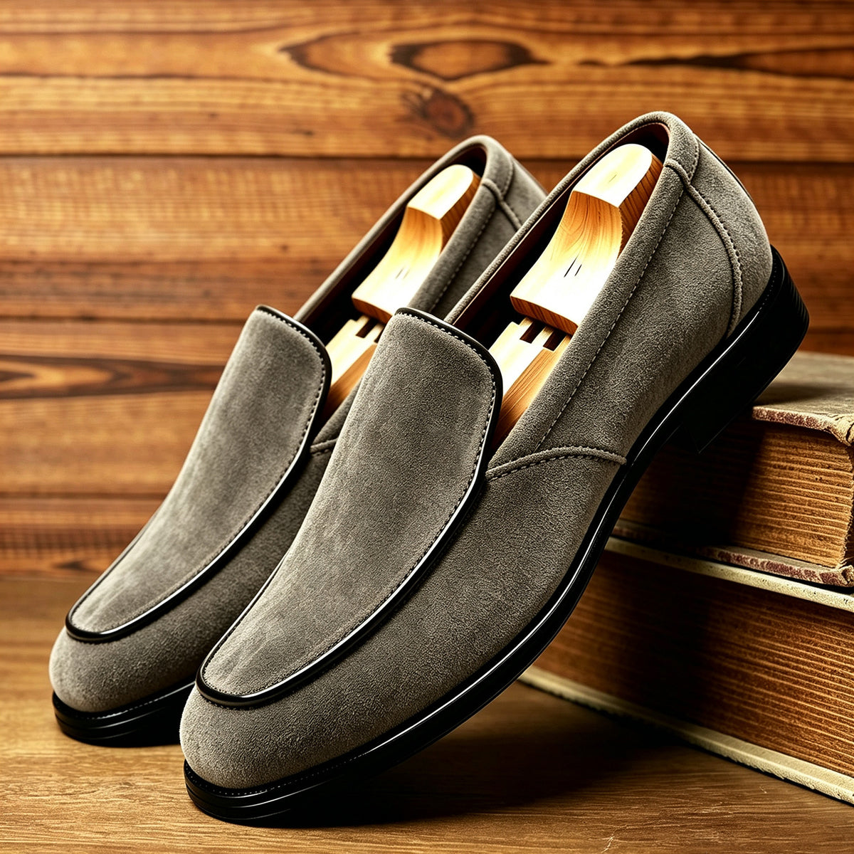 Rafael Venetian Loafers in Gray — angled view of the suede slip-on loafers