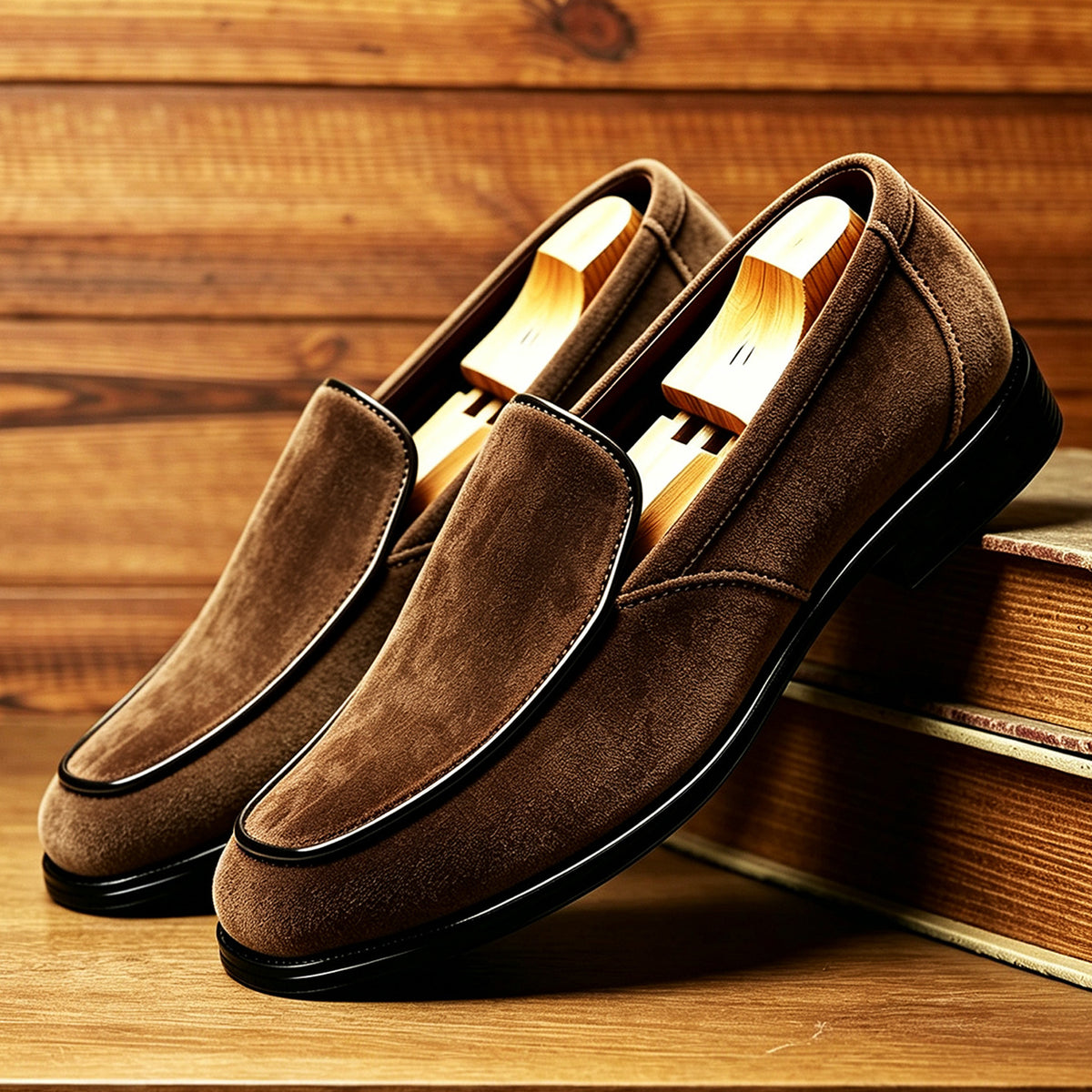 Rafael Venetian Loafers in Dark Brown — angled view of the suede slip-on loafers
