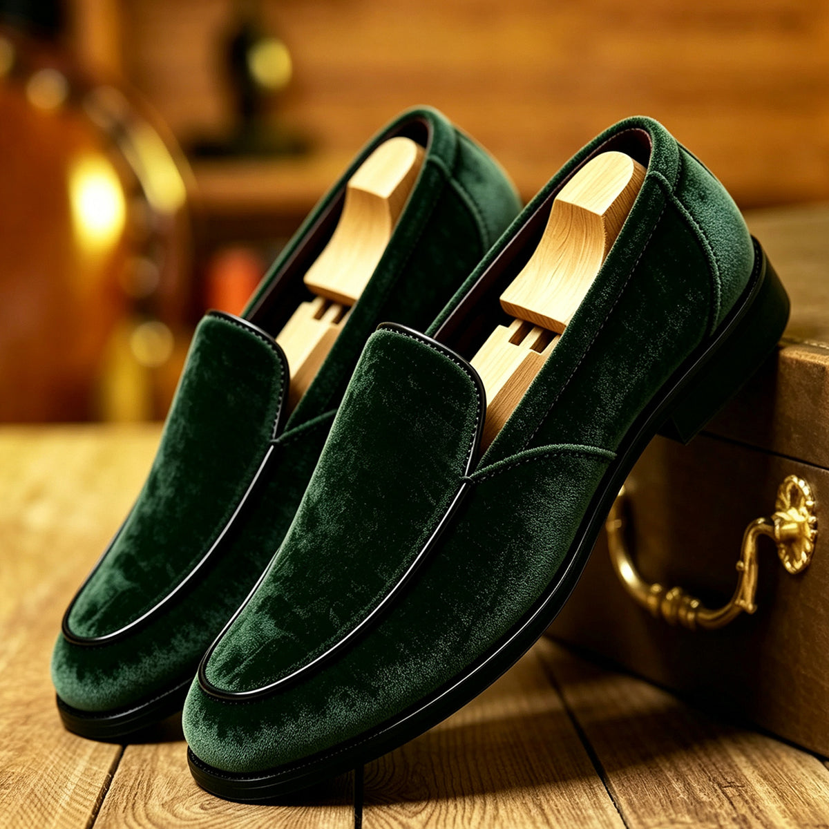 Rafael Venetian Loafers in Dark Green — plush velvet venetian slip-on loafer with piped trim