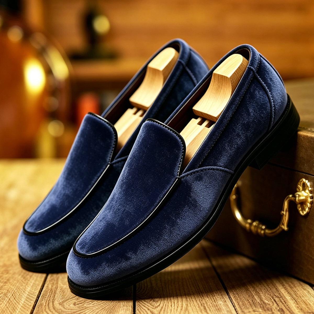 Rafael Venetian Loafers in Navy Blue — velvet slip-on loafers with smooth contrast piping