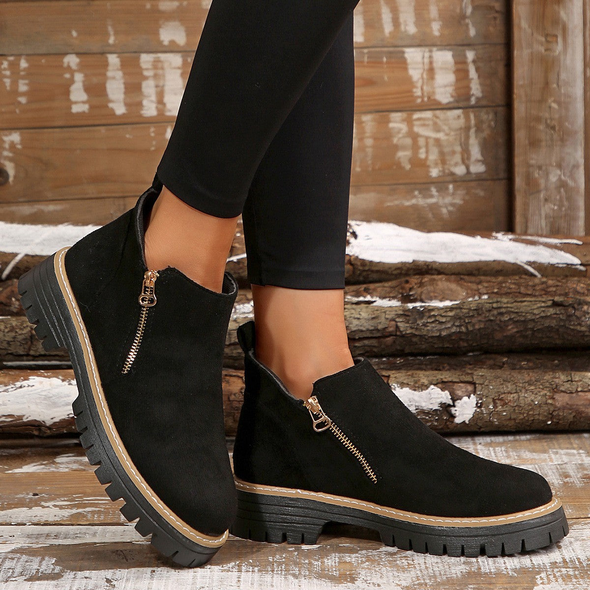 Sage Chunky Boots in Black — worn with leggings, chunky lug sole