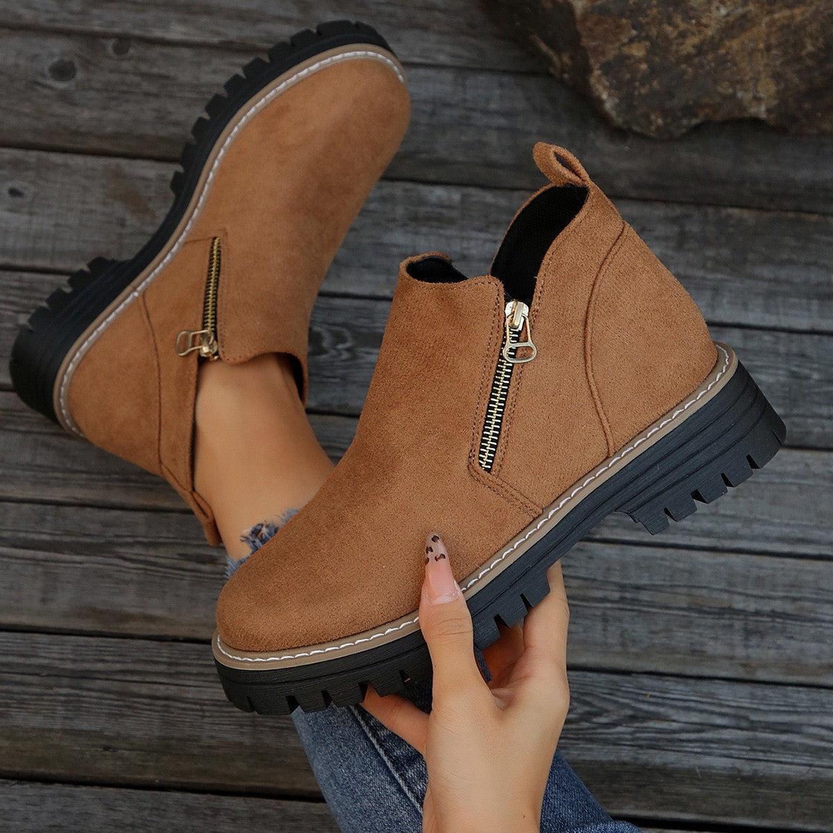 Sage Chunky Boots in Light Brown — angled view showing the chunky treaded sole