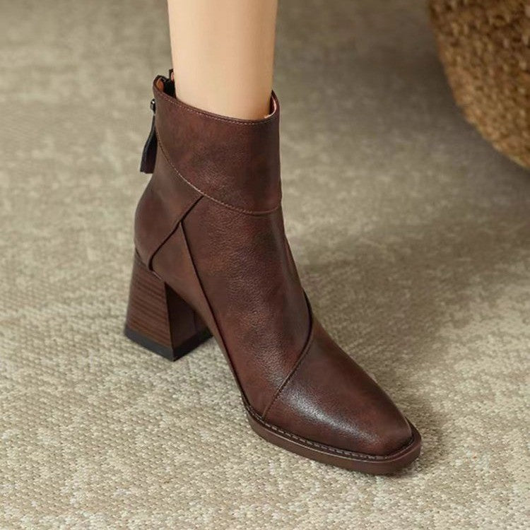 Noemie Square Boots in Dark Brown — worn pair showing the square toe and panel seaming