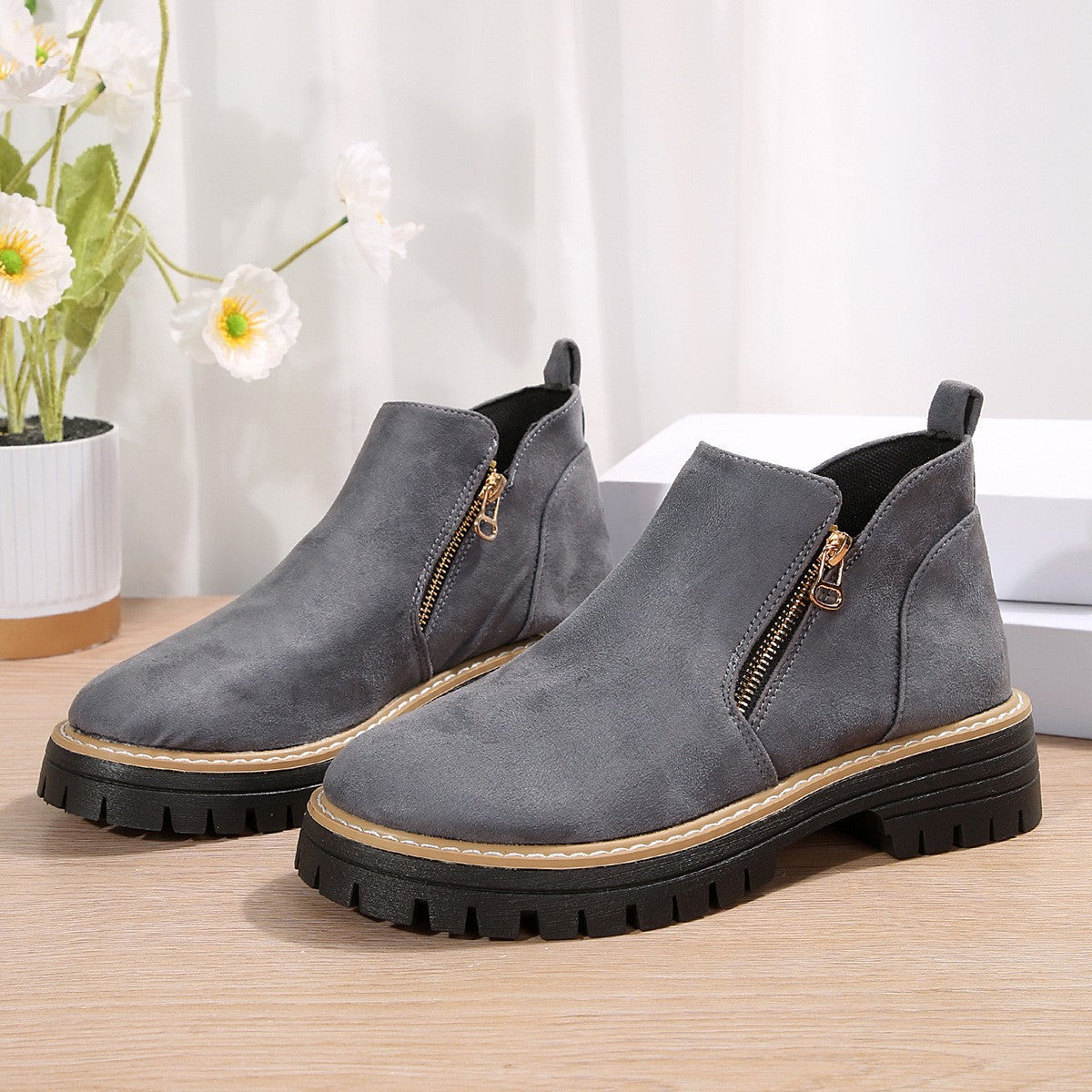 Sage Chunky Boots in Gray — suede lug-sole ankle boot with contrast welt stitching