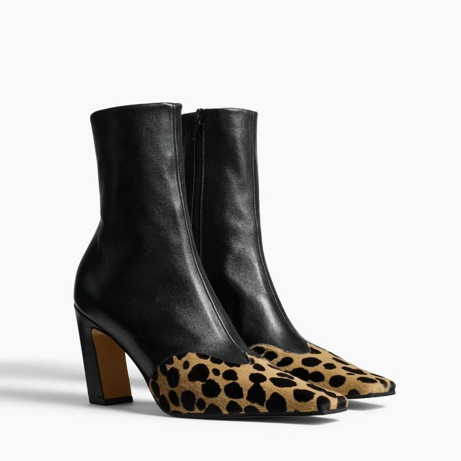 Amelia Pointed Boots in Leopard — pair shown with the leopard-print toe and sculpted heel