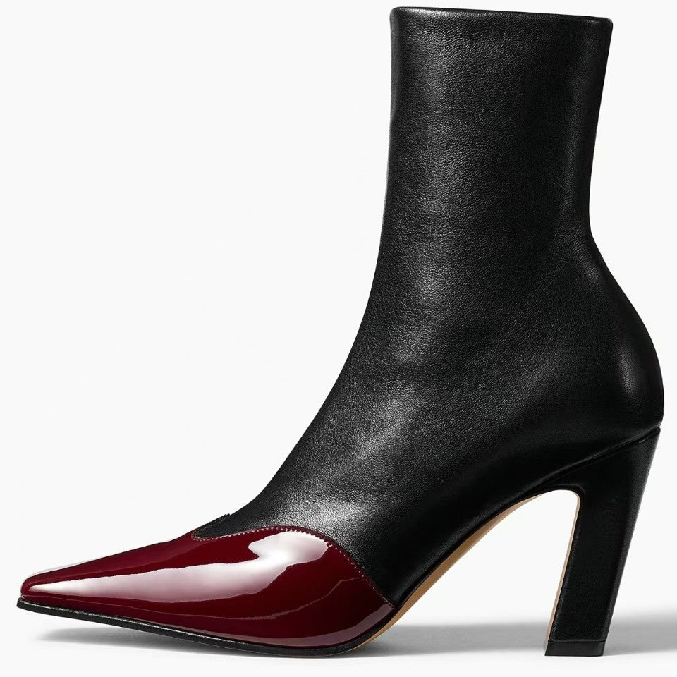 Amelia Pointed Boots in Burgundy — side view of the leather boot with a glossy burgundy pointed toe
