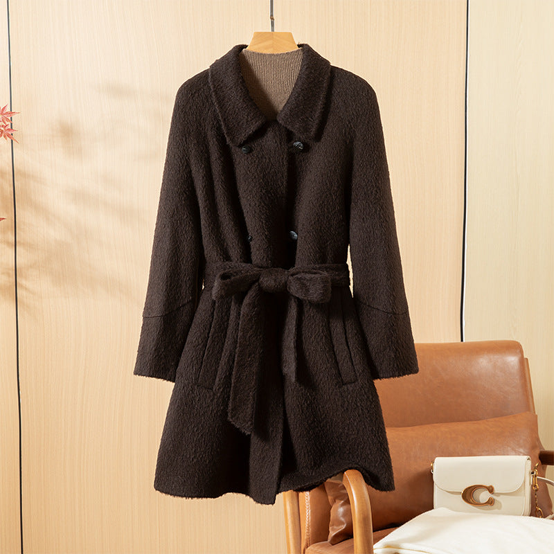 Audrey Belted Coat in Dark Brown — belted boucle coat with deep side pockets