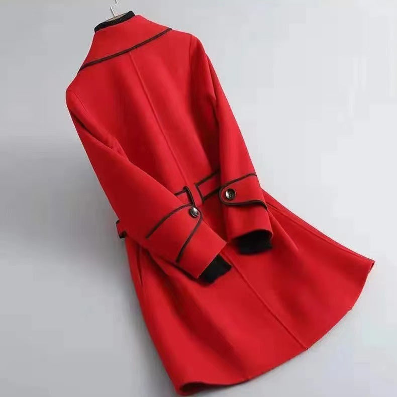 Delphine Wool Coat in Red — women's belted wool coat with contrast piping, tie belt, and notched lapel