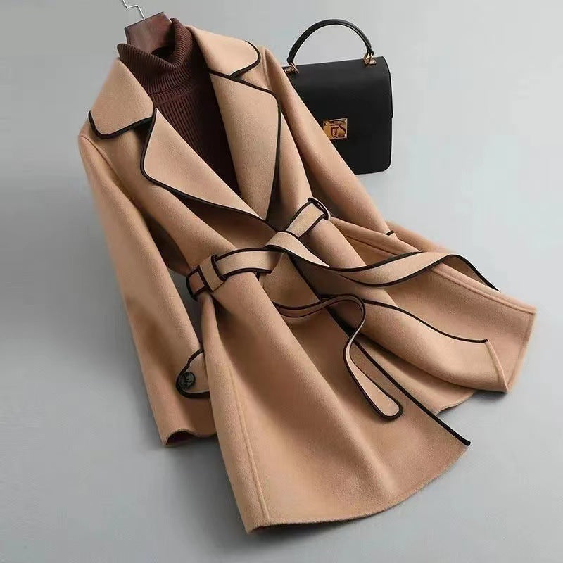 Delphine Wool Coat in Khaki — women's belted wool coat with contrast trim, draped view