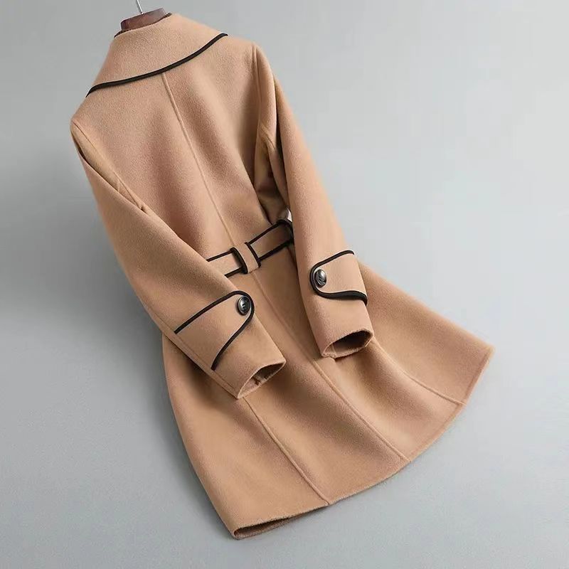 Delphine Wool Coat in Khaki — women's belted wool coat, back view