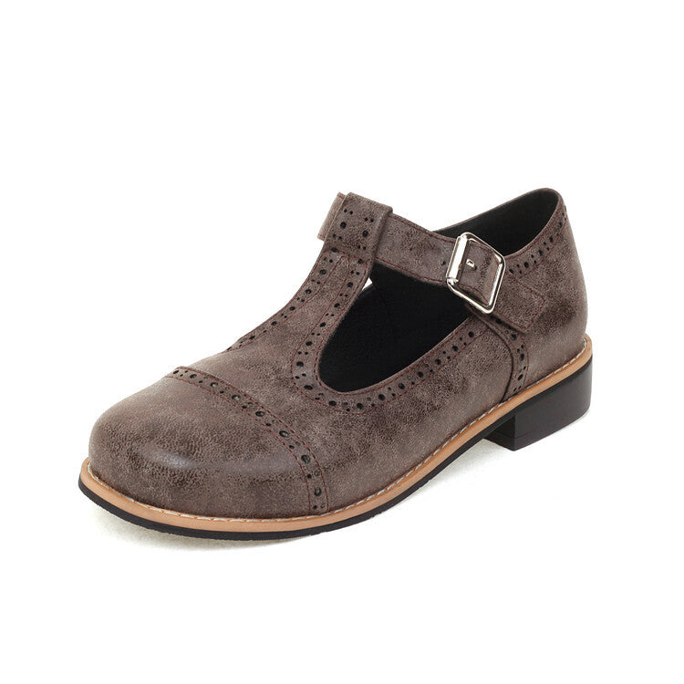 Colette Brogue Flats in Brown — women's vintage leather T-strap brogue flats | Spaydes