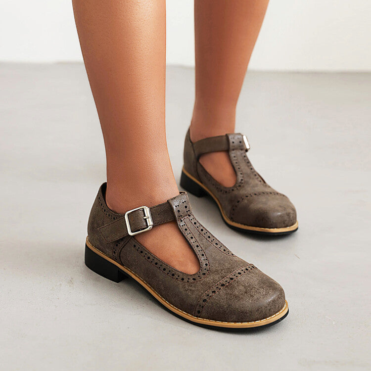Colette Brogue Flats — women's vintage leather T-strap flats styled on the foot | Spaydes