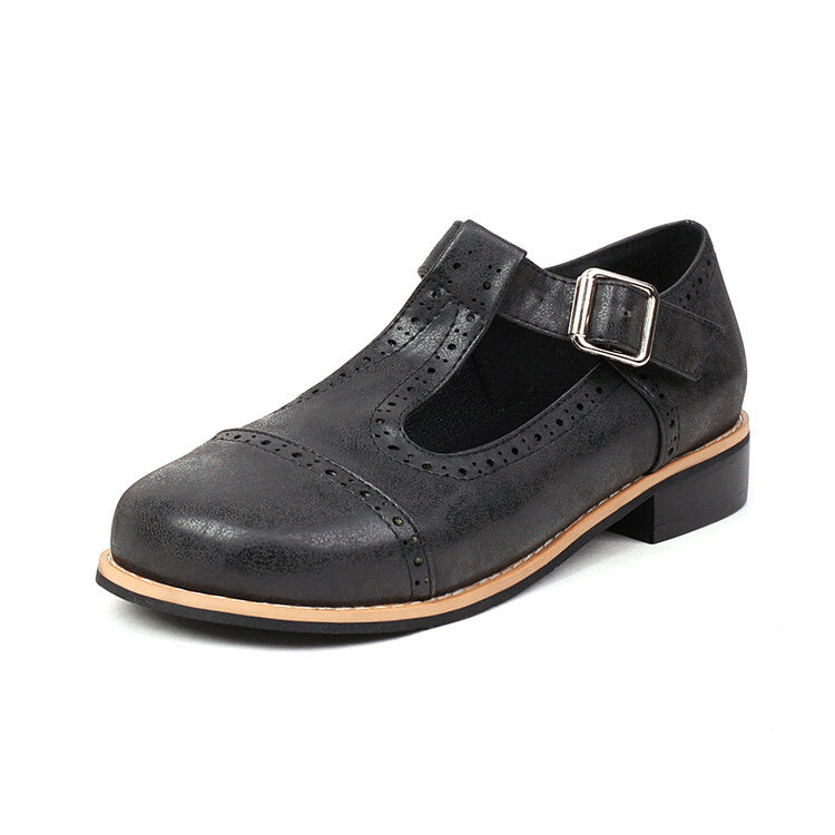 Colette Brogue Flats in Dark Gray — women's vintage leather T-strap brogue flats | Spaydes