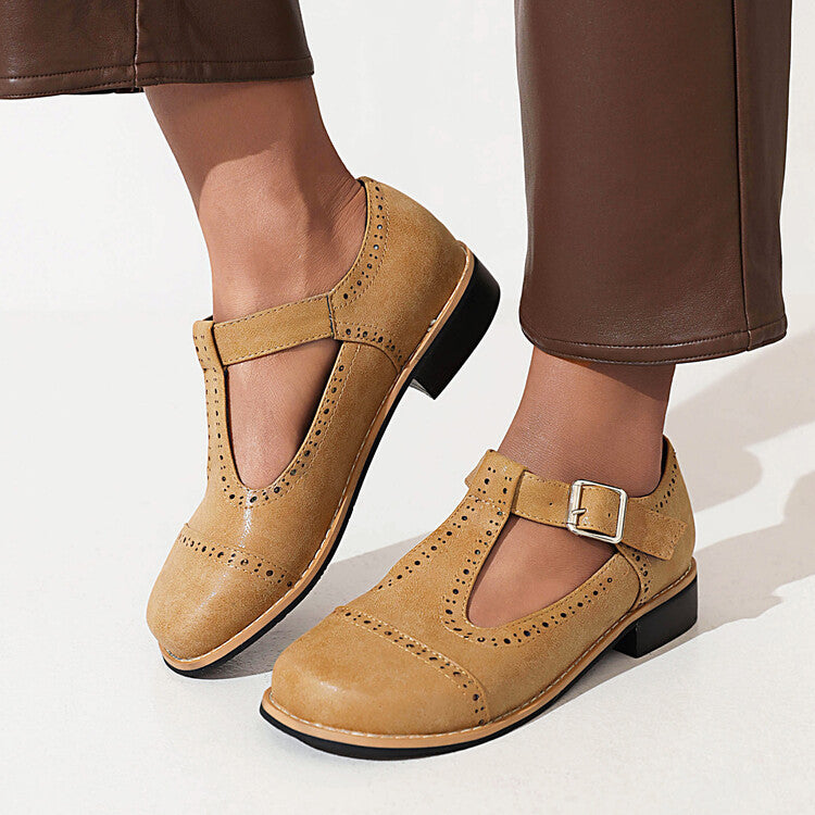 Colette Brogue Flats — women's vintage leather T-strap flats styled on the foot | Spaydes