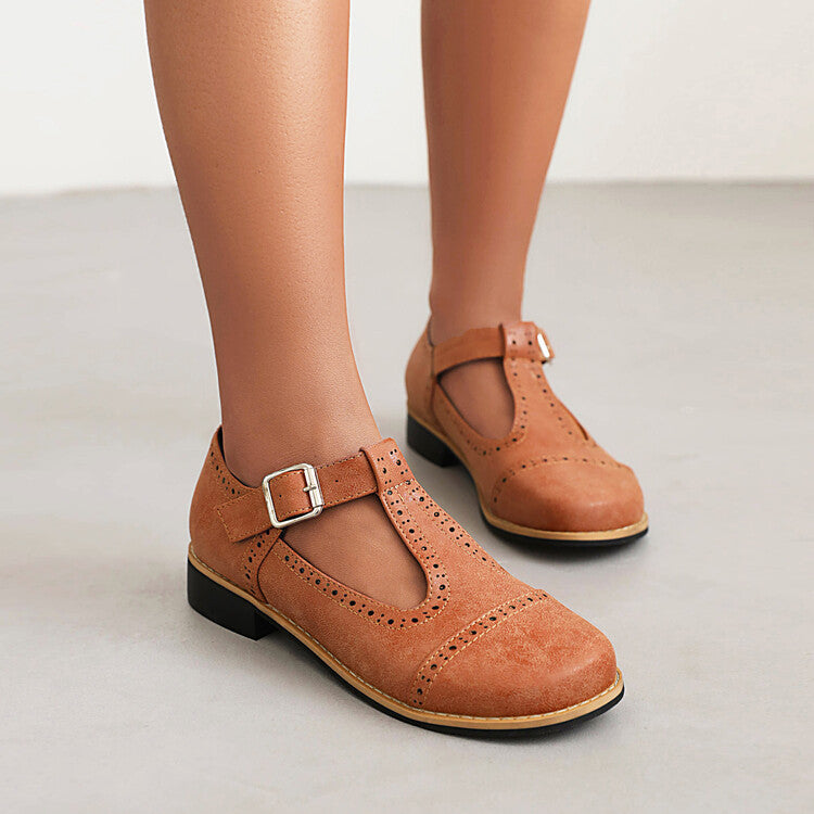 Colette Brogue Flats — women's vintage leather T-strap flats styled on the foot | Spaydes