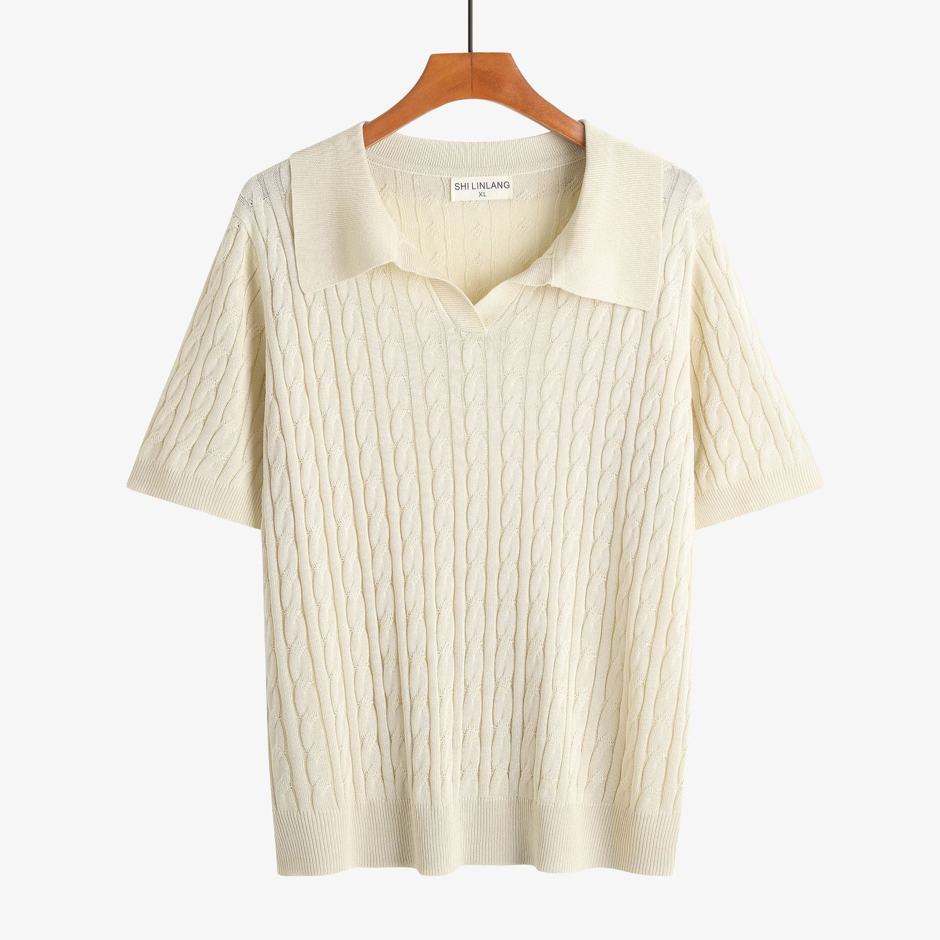 Caspian Knit Polo in Cream — men's cable-knit short-sleeve polo
