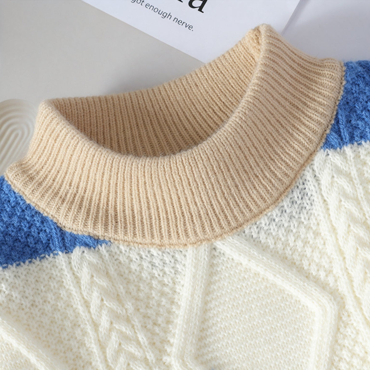 Sawyer Cable-Knit Sweater in Blue — ribbed crewneck collar detail