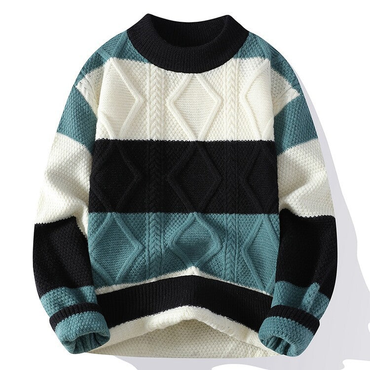 Sawyer Cable-Knit Sweater in Teal — front view colorblock cable knit