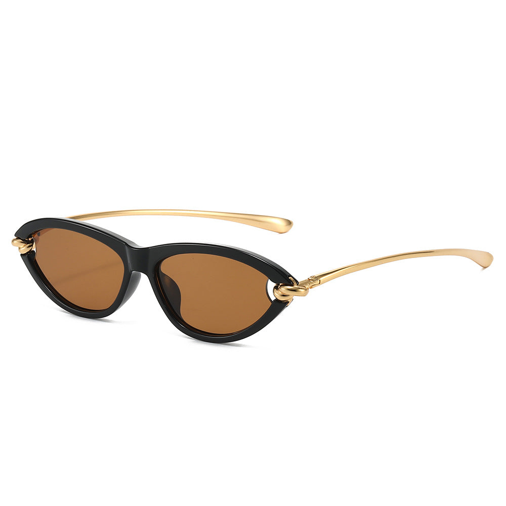 Paloma Sunglasses in Brown — glossy cat-eye sunglasses with gold-knot temples