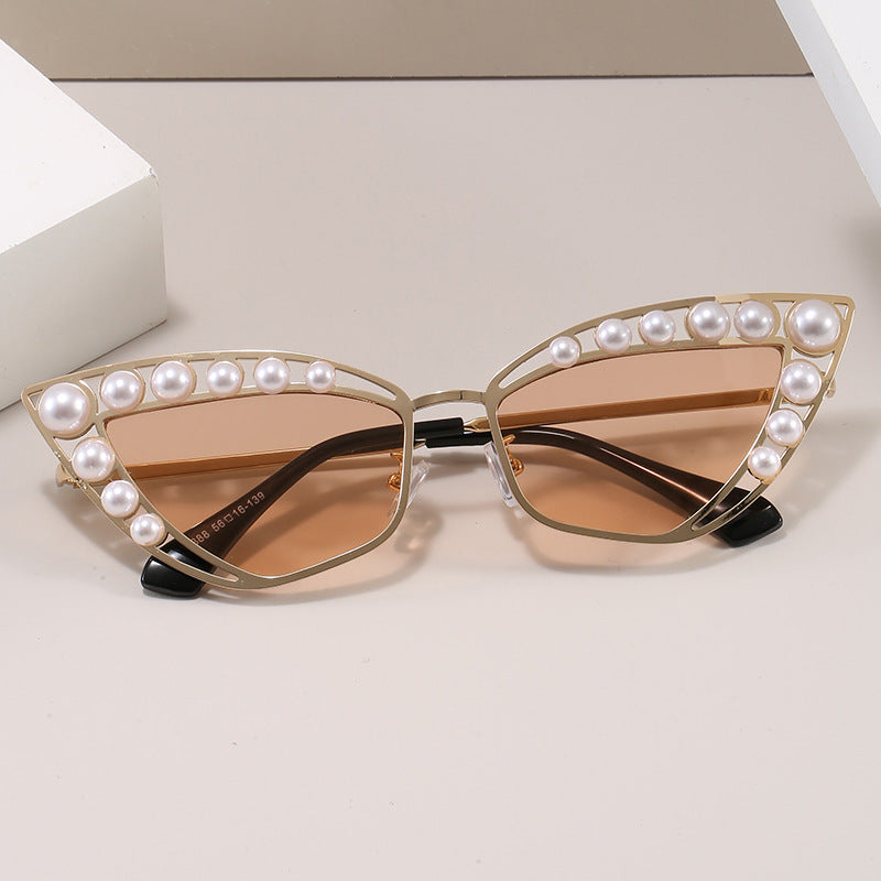 Liliana Pearl Sunglasses in Brown — cat-eye frame with pearl accents