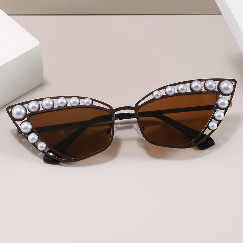 Liliana Pearl Sunglasses in Dark Brown — cat-eye frame with pearl accents