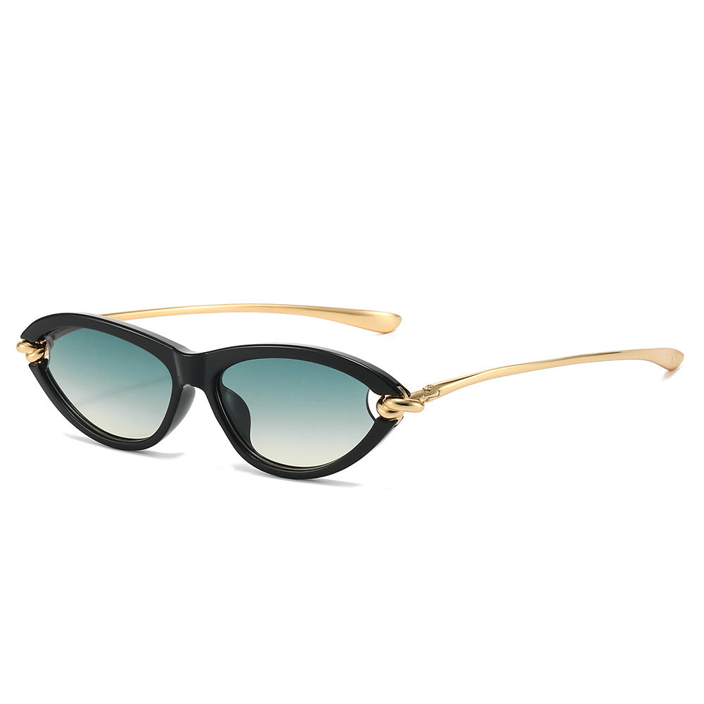 Paloma Sunglasses in Teal — glossy cat-eye sunglasses with gold-knot temples