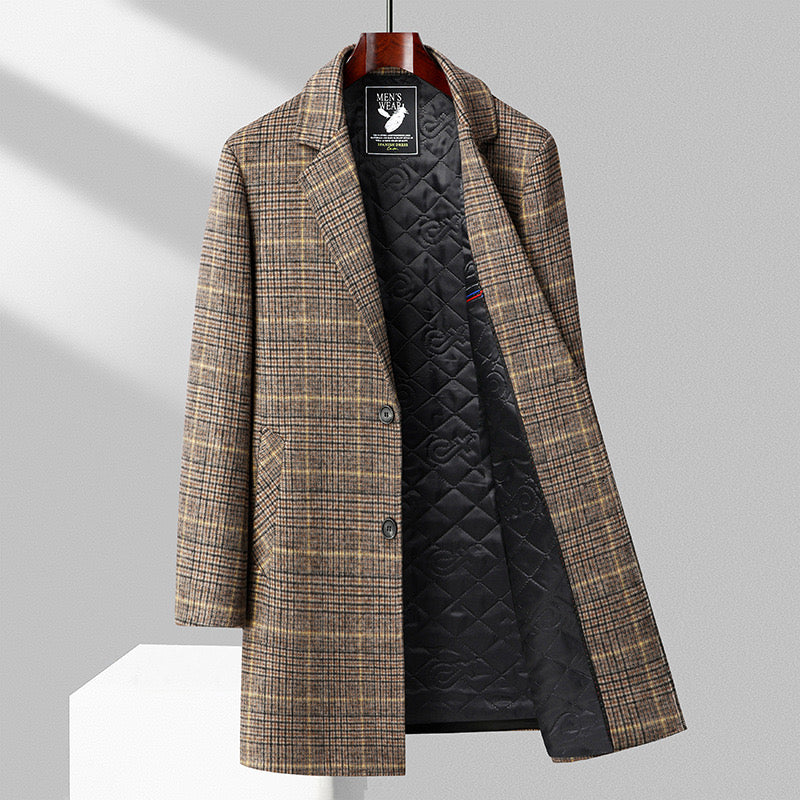 Thatcher Tailored Overcoat in Light Brown — open front showing the full diamond-quilted lining