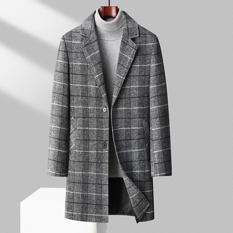 Thatcher Tailored Overcoat in Gray — brushed wool overcoat in a clean windowpane check with notched lapel