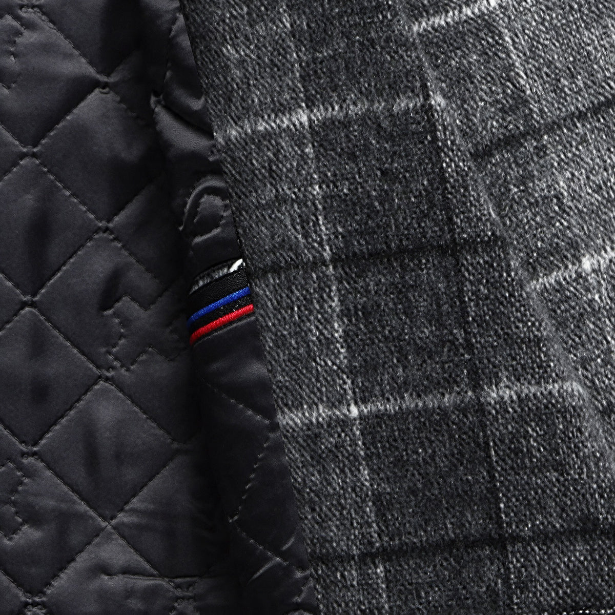 Thatcher Tailored Overcoat in Gray — detail of the full diamond-quilted inner lining
