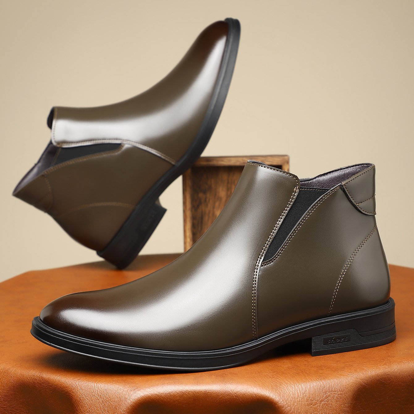 Lorenzo Chelsea Boots in Olive Green — polished leather side-zip dress boot