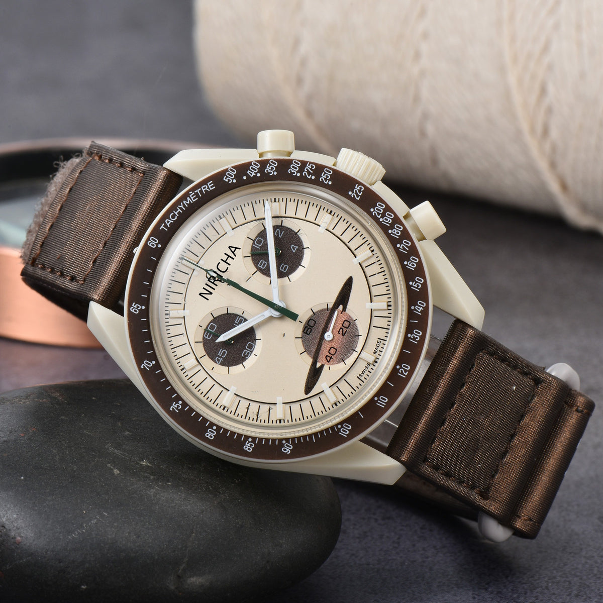 Cruz Chronograph Watch in Beige — Swiss quartz chronograph with tachymètre bezel and triple sub-dials