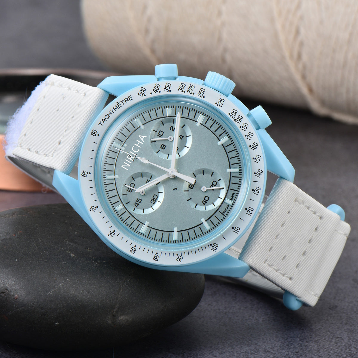 Cruz Chronograph Watch in Sky Blue — Swiss quartz chronograph with tachymètre bezel and triple sub-dials