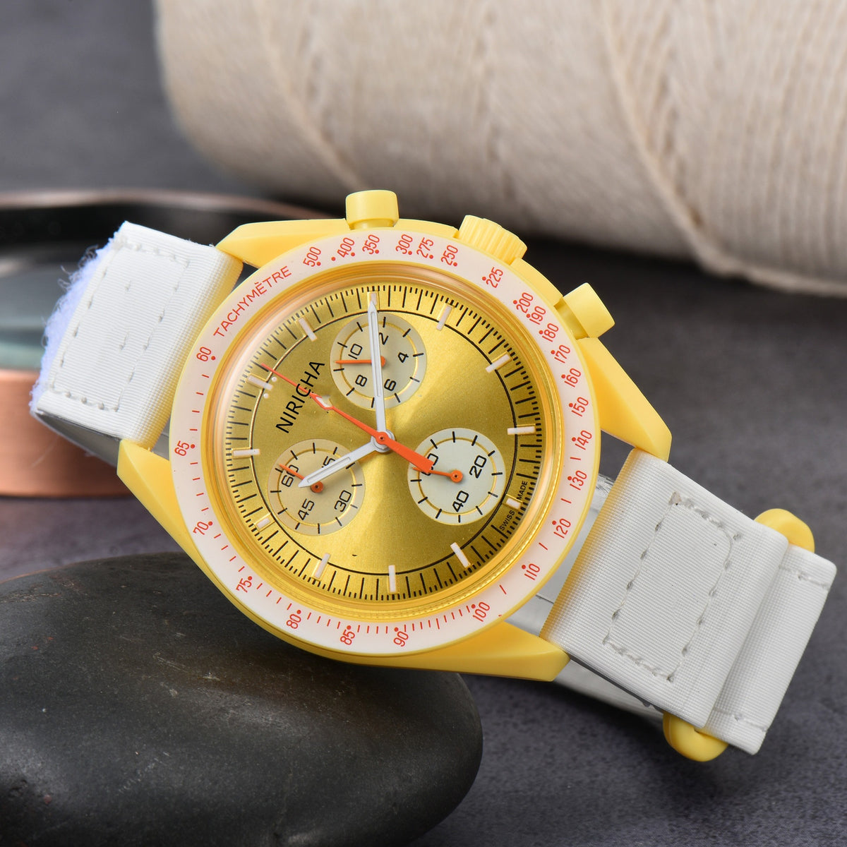 Cruz Chronograph Watch in Yellow — Swiss quartz chronograph with tachymètre bezel and triple sub-dials