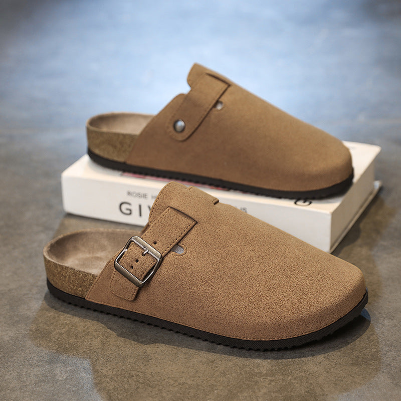 Nico Suede Clogs in Light Brown — cork footbed backless clog