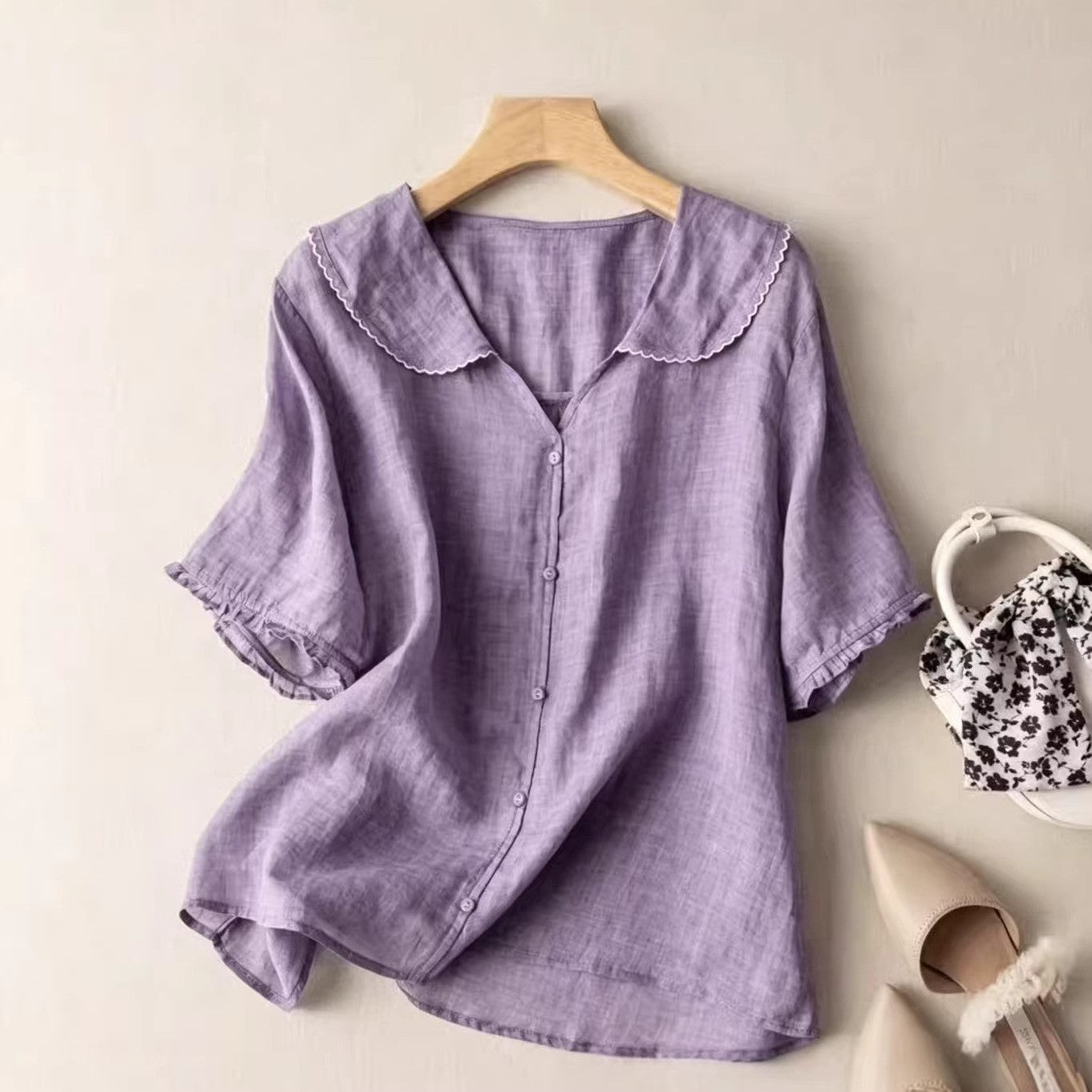 Sabrina Linen Blouse in Lavender — gossamer linen blouse with lace collar and ruffle sleeves